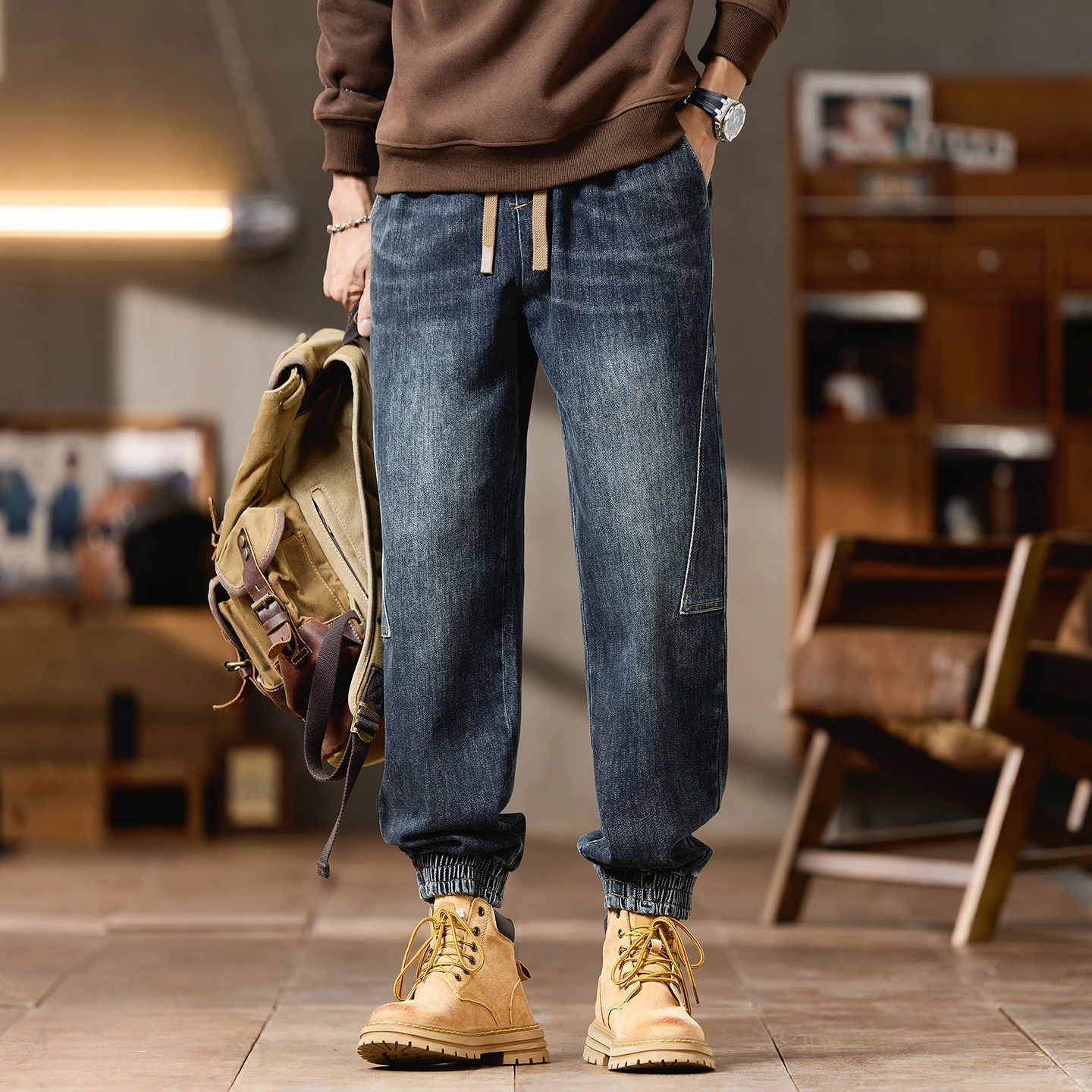 

Heavy American style overalls for men Autumn and winter new styles Fashion high-end casual denim loose leggings for men