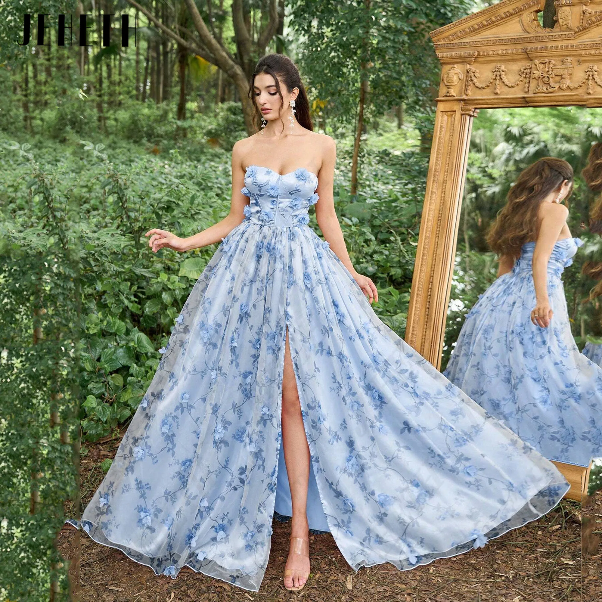 JEHETH Flowers Long Prom Party Dress Side Split Lace Evening Gowns Strapless Floral Print A-Line Floor Length vestidos de gala