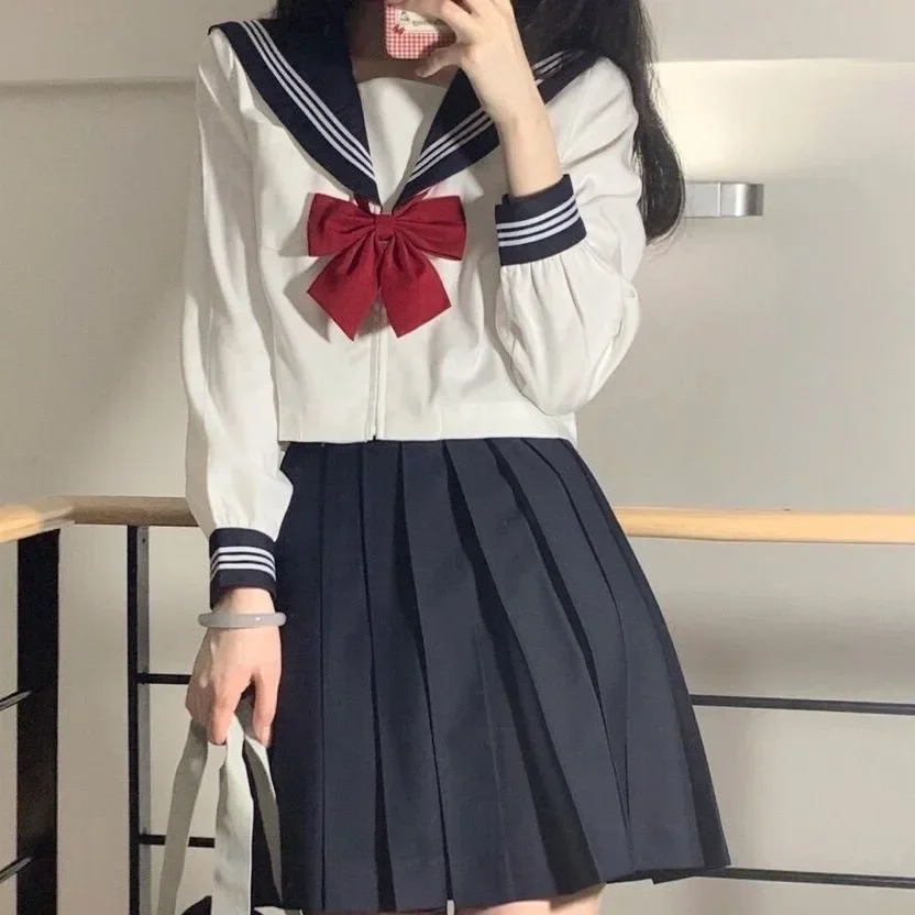 Uniforme escolar japonês menina jk terno sexy primavera e outono gravata vermelha branco três básico uniforme de marinheiro feminino terno de manga longa