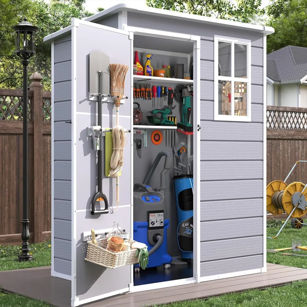 Outdoor Resin Storage Shed, 5x3FT Plastic Storage Sheds with Floor, Lockable Door, Window, Waterproof Tool Sheds&Outdoor Storage