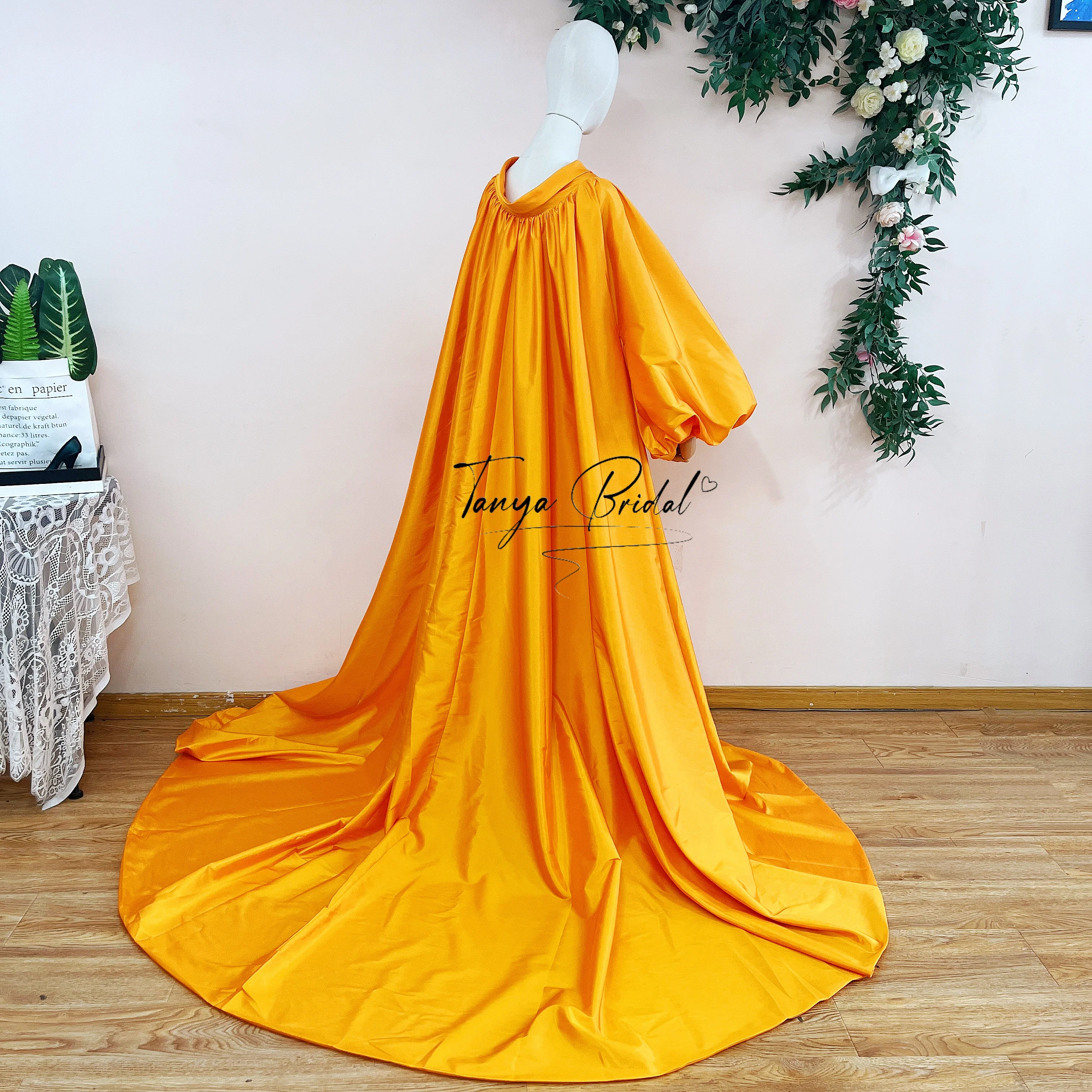 Orange Taffeta Extra Long Bridal Shoulder Cape Floor Trailing Wing Shawl Elegant Wedding Dress Wrap for Bride