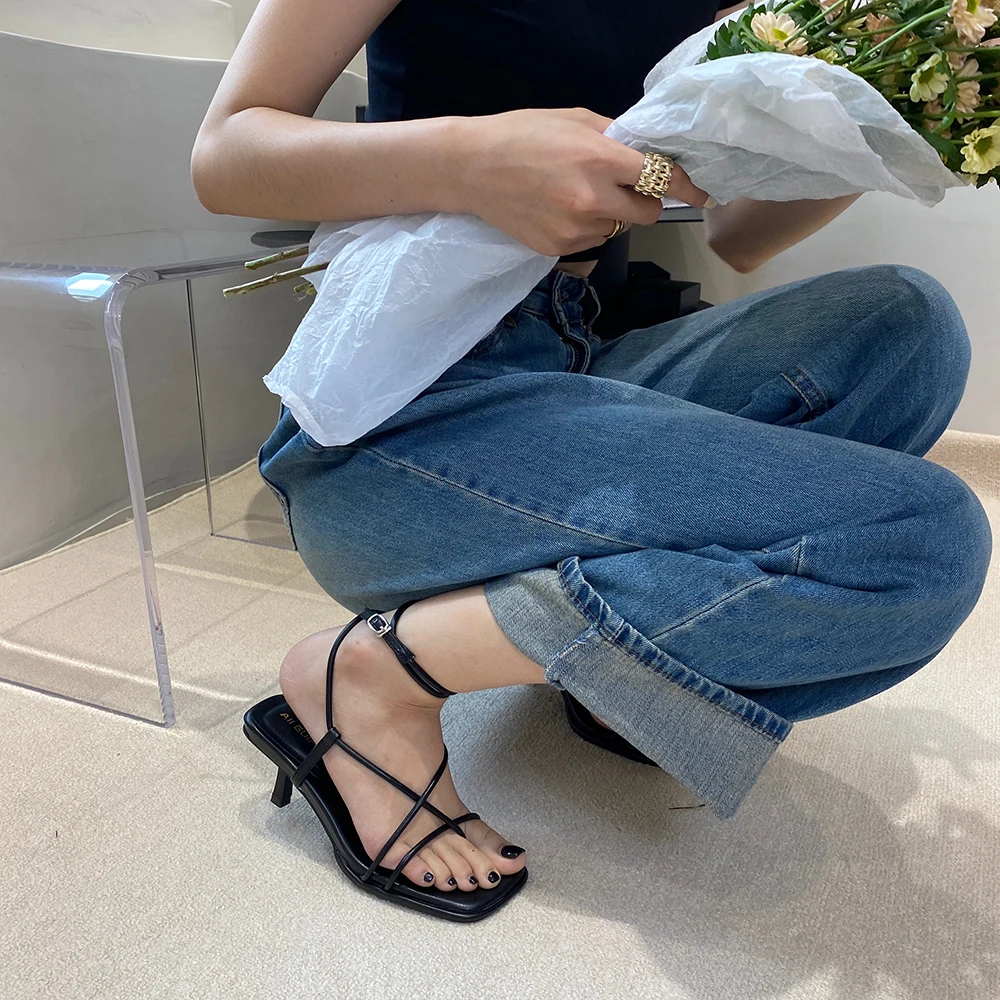 Fashion Women Sandals Narrow Band Black White Blue Color Summer Dress Stiletto Thin High Heels Ankle Strap Party Pumps Size 40