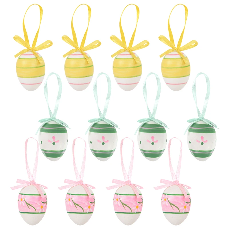 

12pcs Easter Striped Eggs With Bow Ropes Yellow Green Pink Egg Happy Easter Party Hanging Pendants Home Decoration Kid Favor Toy