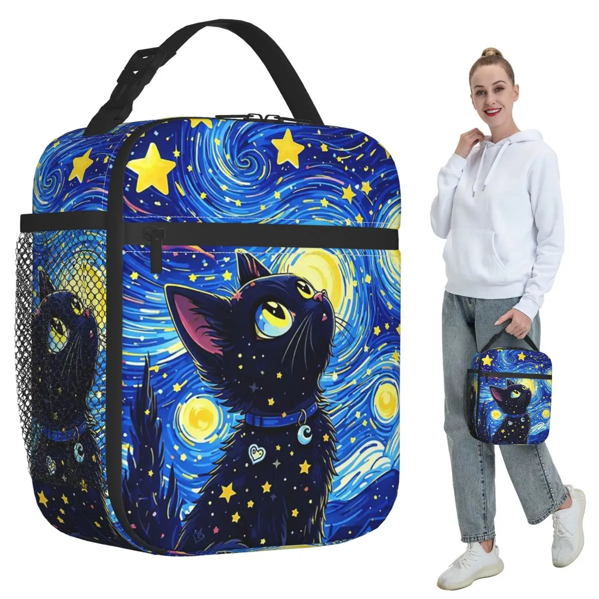 Die isolierte Lunchtasche „The Black Cat Looks At The Starry Sky“ für Damen, Kühltasche, Thermo-Lebensmittelbox, auslaufsichere Lunchboxen, Behälter