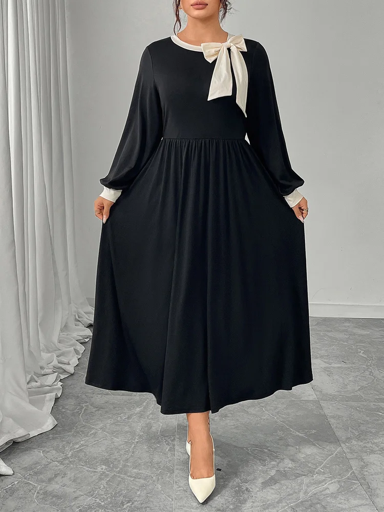GIBSIE Plus Größe Neue 2025, Herbst Kontrast Bogen Retro Schwarz Langes Kleid Frauen Elegante Oansatz Langarm Elastische A-linie Kleider
