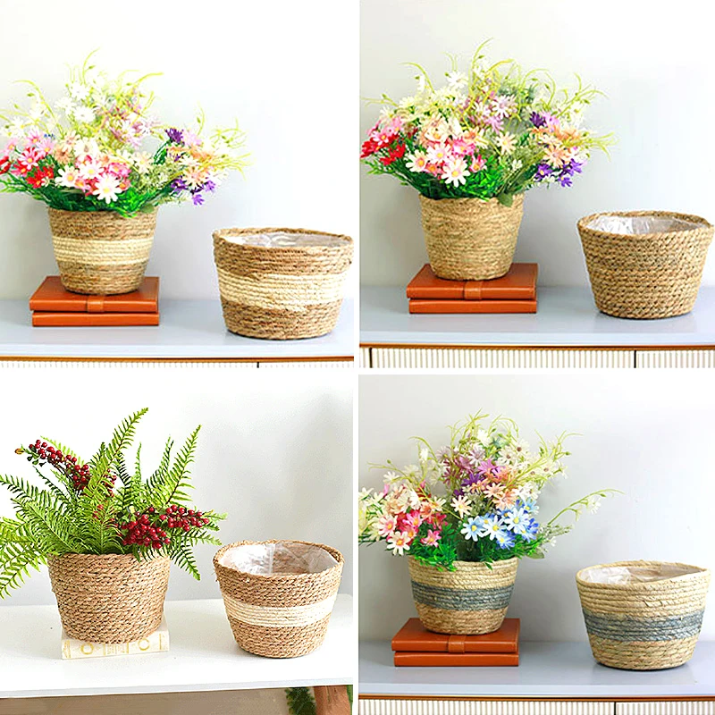 Rattan Woven Flowerpot Potted Handmade Flower Plant Container Garden Grass Planter Straw Basket Home Balcony Storage Decorative