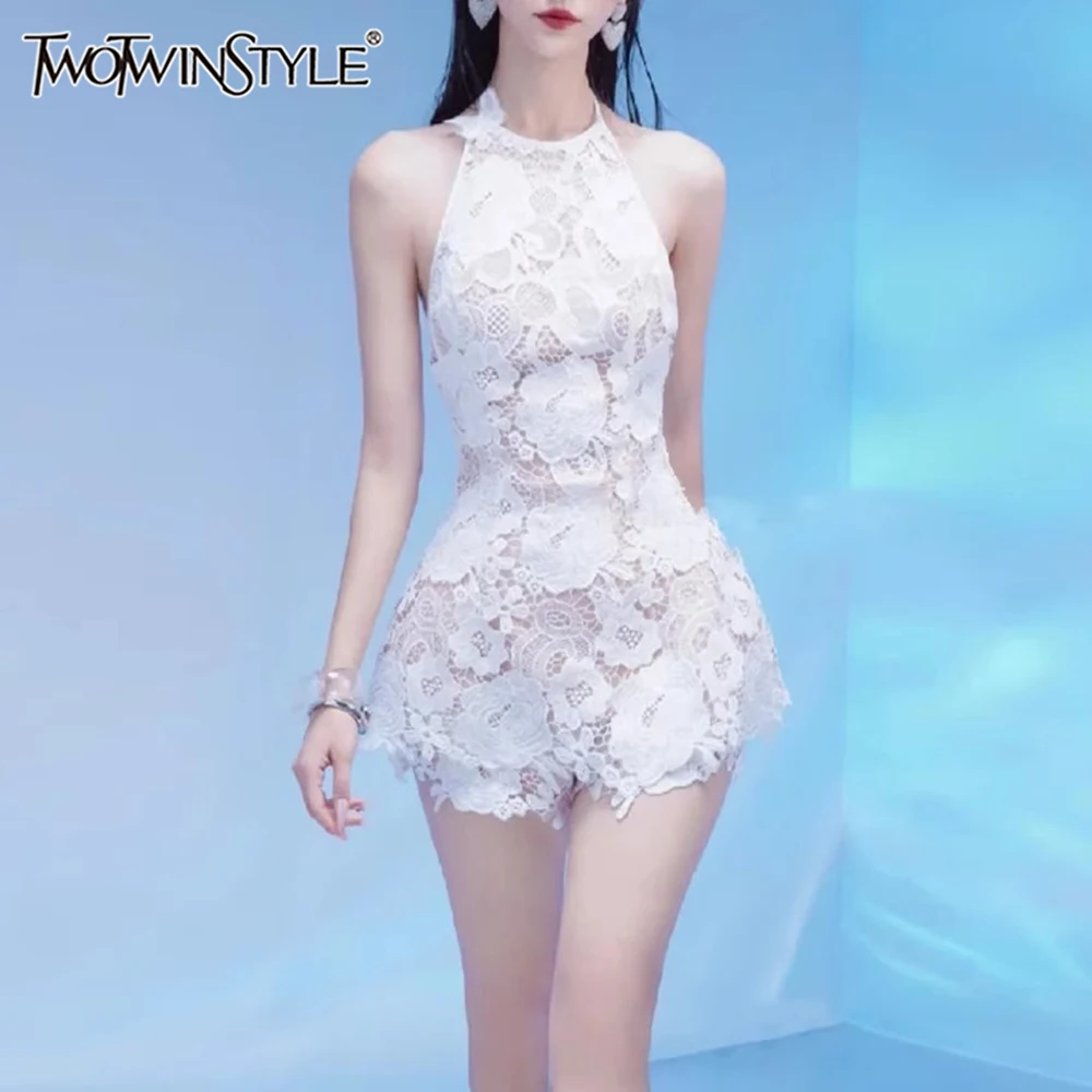 

TWOTWINSTYLE Slimming Spliced Lace Two Piece Sets for Women Halter Sleeveless Top High Waist Shorts Sheer Set Female Clothes New