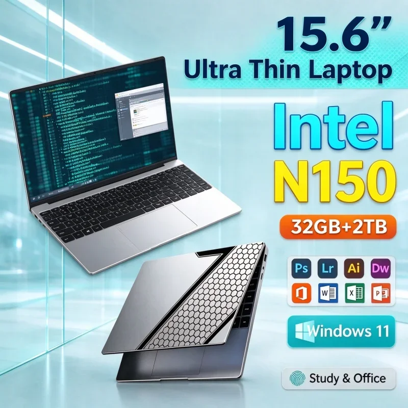 15.6'' Inch Lightweight Laptop Intel N150 32GB RAM 1TB/2TB SSD Windows11 Fingerprint Unlock Notebook For Home Study Office Game