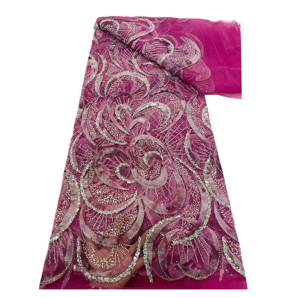 

African Lace sequined beaded Fabric 2025 Groom Nigerian Bride high quality French tulle lace fabric for wedding party