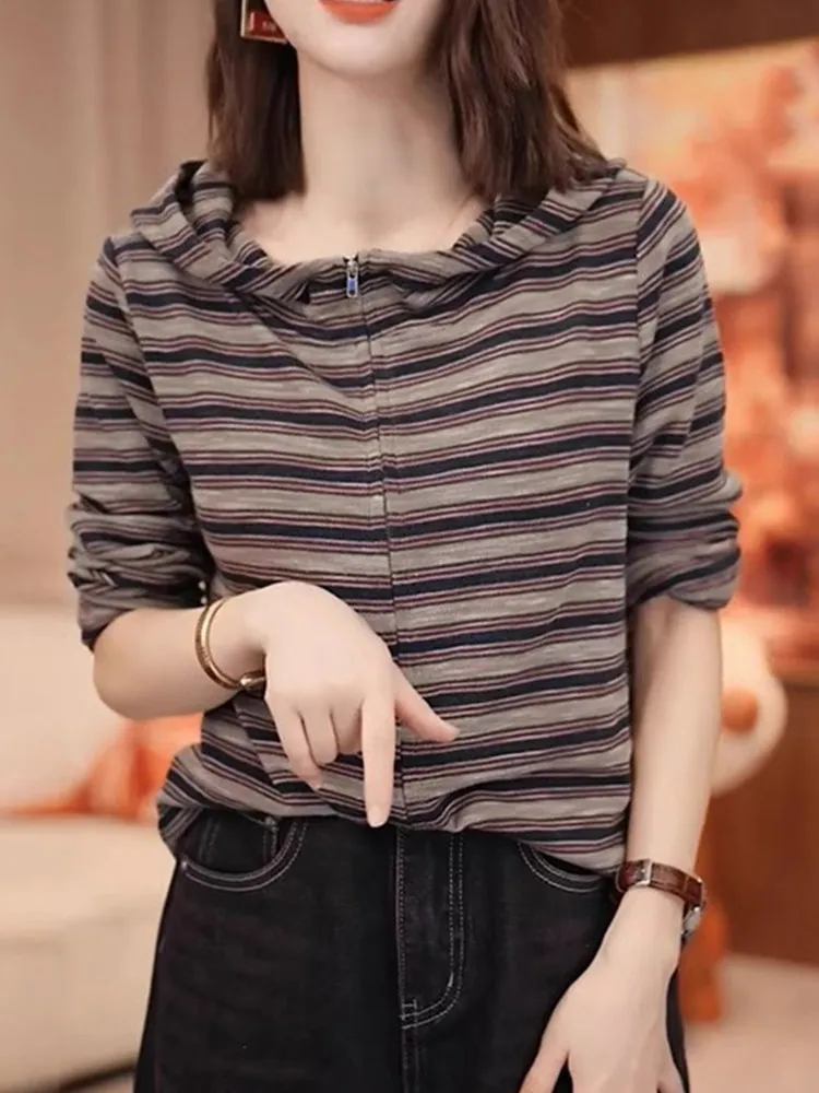 

Hooded Striped Knitwear Jaet Zipper Retro Long Sve New Sle Age Reduction High End Feeling Commute Sle Women's Coat