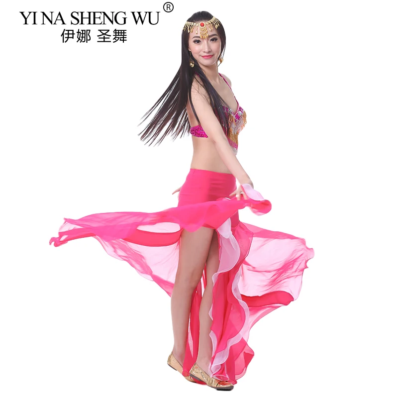 الشرقية تنورة رقص البطن الطابق طول مثير الرقص الشرقي كريستال القطن مزدوجة الشق تنورة تنورة رقص شرقي للنساء 9 ألوان