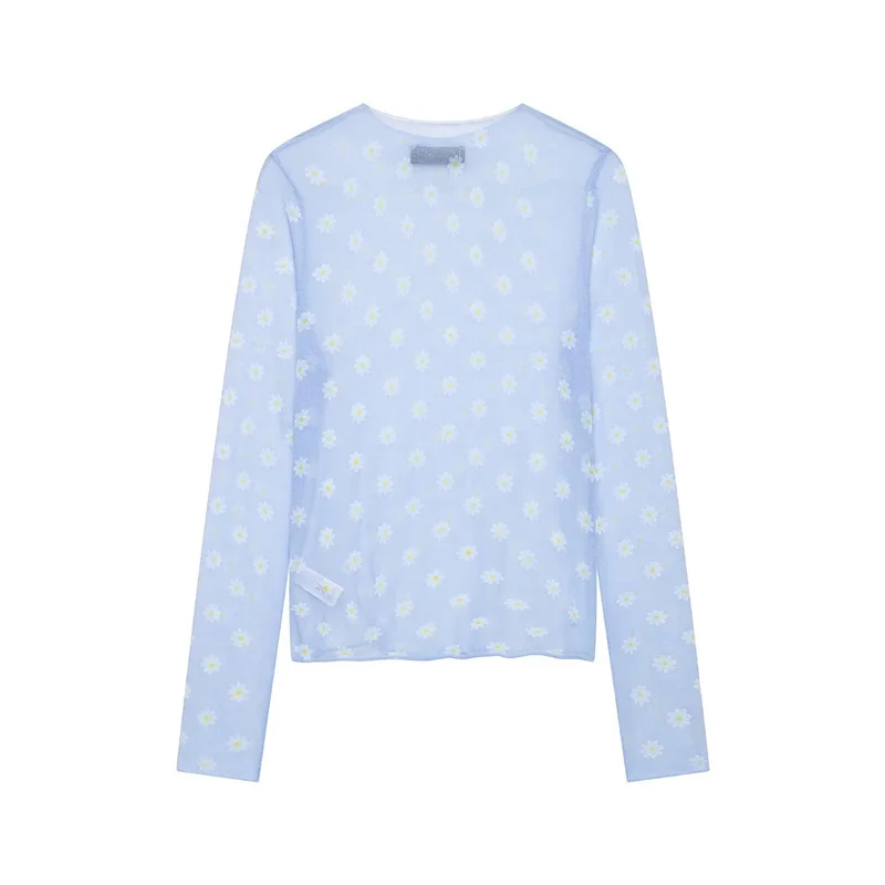 2026 Summer New Style Women's Top Light Blue Long-Sleeve Polka Dot Sexy Transparent Sun-Protective Top Beach Vacation Trendy