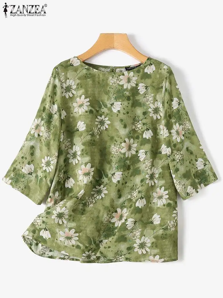 ZANZEA Fashion Cotton Linen Tops Women Flowers Printed Blouse Casual Loose 3/4 Sleeve Crewneck Shirt 2024 Summer Holiday Tunics