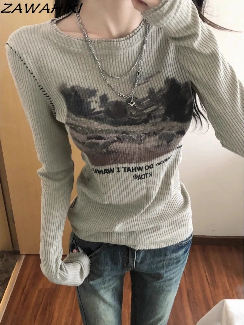 Y2K Shirts for Women Letter Grunge Graphic Print Top Female American Retro Slim Ropa Mujer Kpop Bottoming Aesthetic Clothes