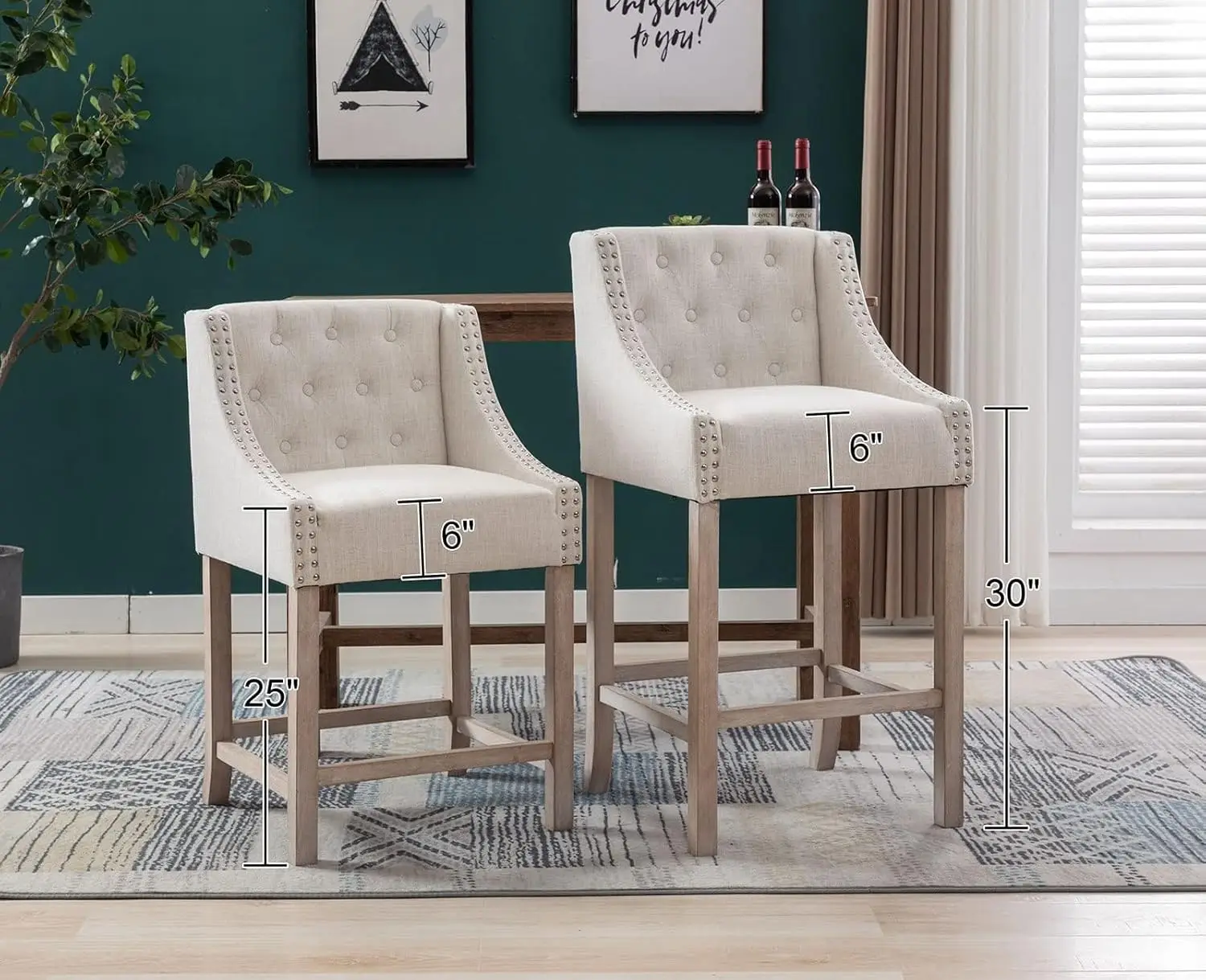 Counter Height Bar Stools Set Of 2 Mid Century Modern Farmhouse Barstools Tufted Wooden Bar Chairs Upholstered Island Stool