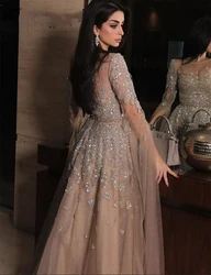 Elegant Prom Dresses Sleeves  Shiny Tulle Sequin Appliques  A-line Evening Dresses Elegant Party Dress Vestido De Novia