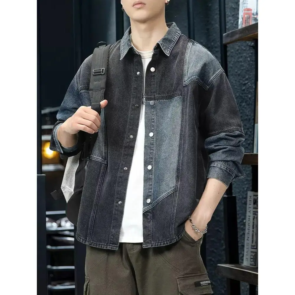 

American Sle Patchwork Long Sve Denim irt Men's Autumn Trendy Vintage Large Size Loose Casual Jaet Trendy