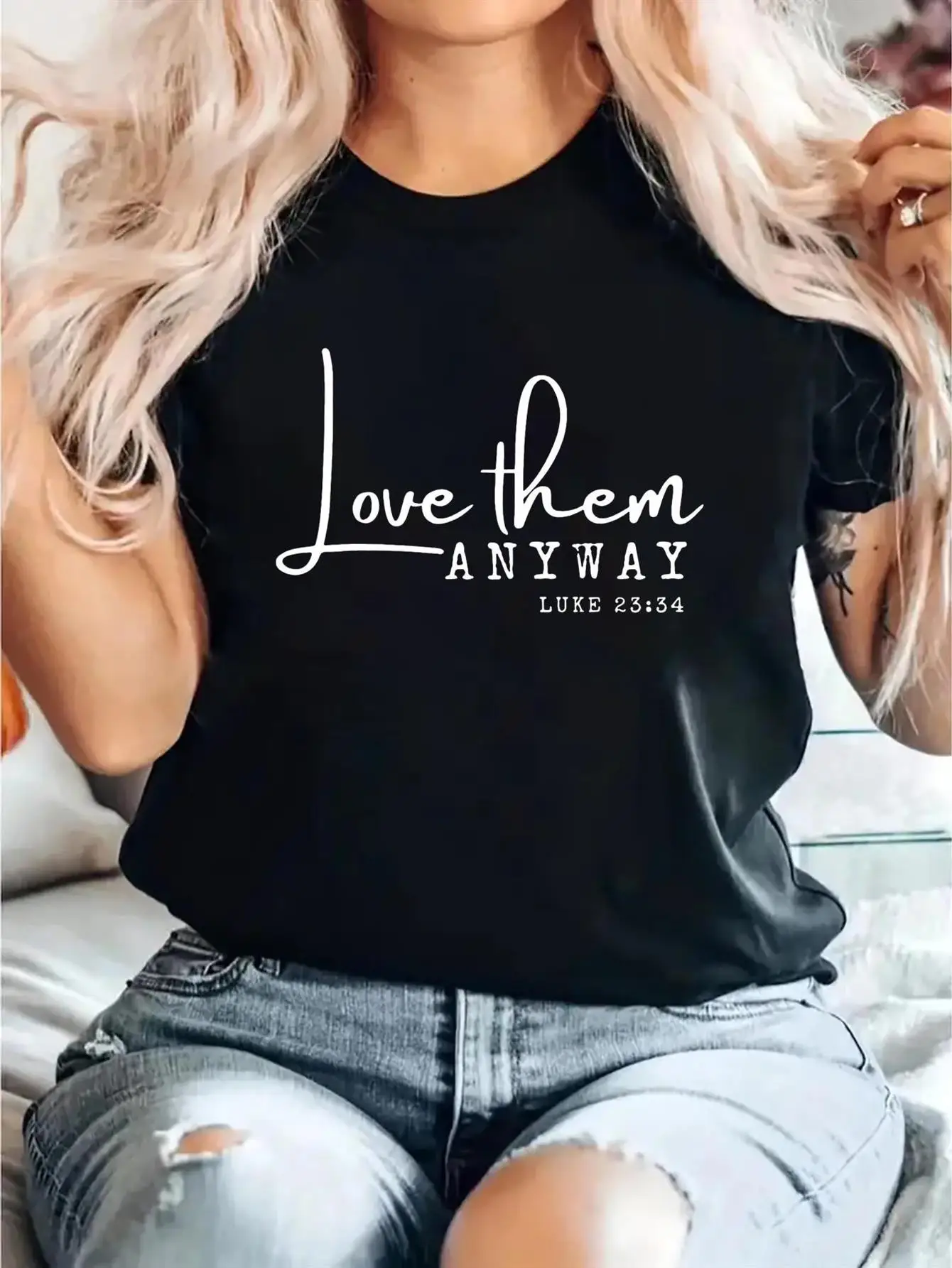 Women's Inspirational Christian T-Shirt - Luke 6:35 Bible Verse T-Shirt, Breathable Black and White Short Sleeve Round Neck Top, Casual Wear, Faith-Based Clothing for Women, All-Season Patterned Shirt