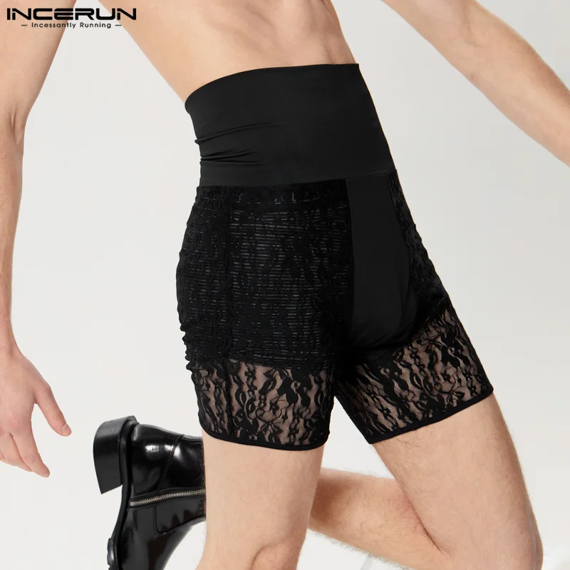 Men Shorts Lace Patchwork High Waist Transparent Shorts Streetwear Elastic 2024 Sexy Summer Fashion Men Bottoms S-5XL INCERUN