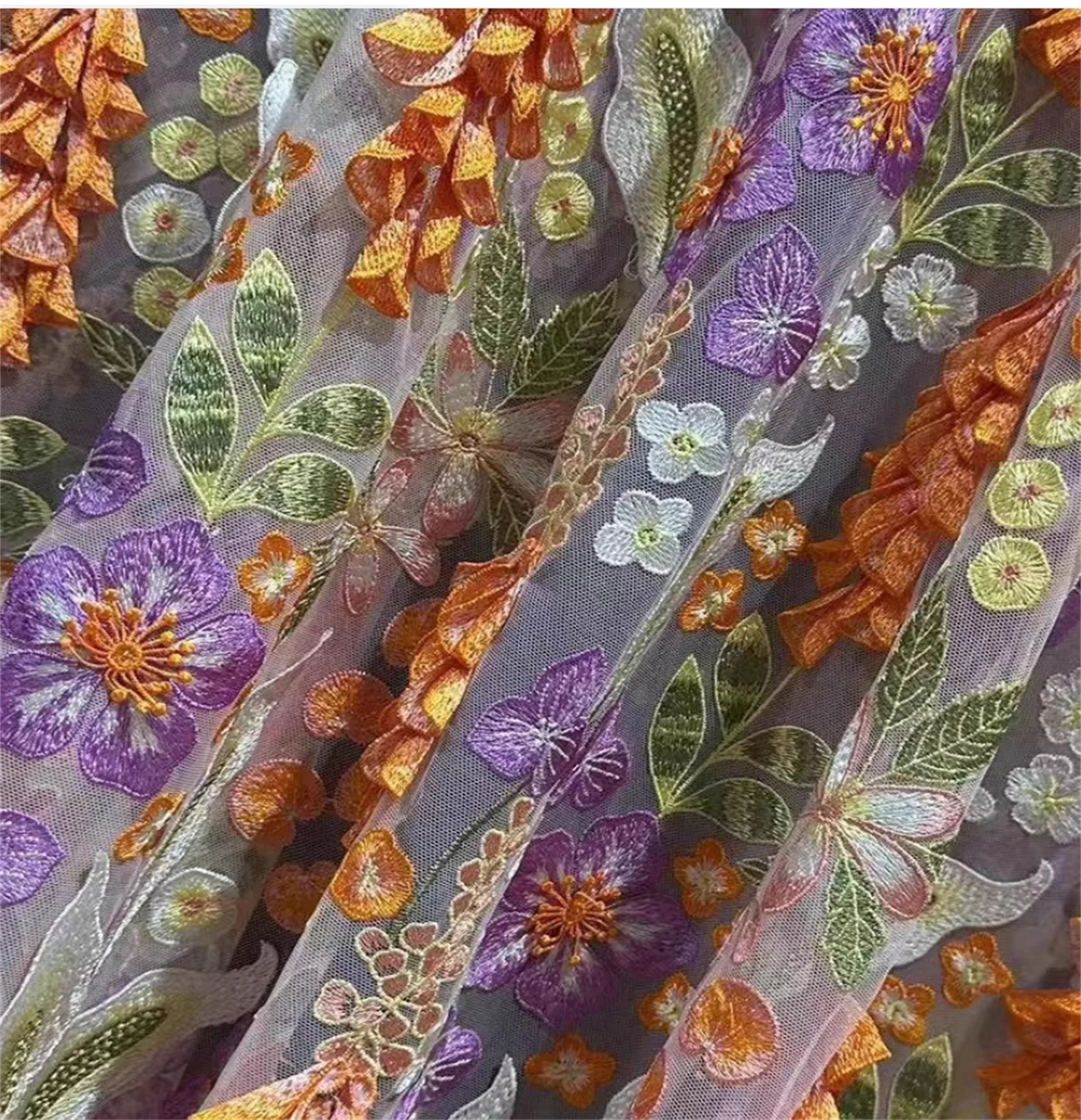 

Новая европейская и американская цветная трехмерная ткань, прецизионная сетка с цветочным узором, вышитое кружевное платье и свадебная ткань.