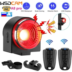 Wsdcam luz traseira de bicicleta, carregamento usb, alarme, controle remoto, assaltante, 115db, à prova d'água, sensor de freio inteligente, luzes traseiras