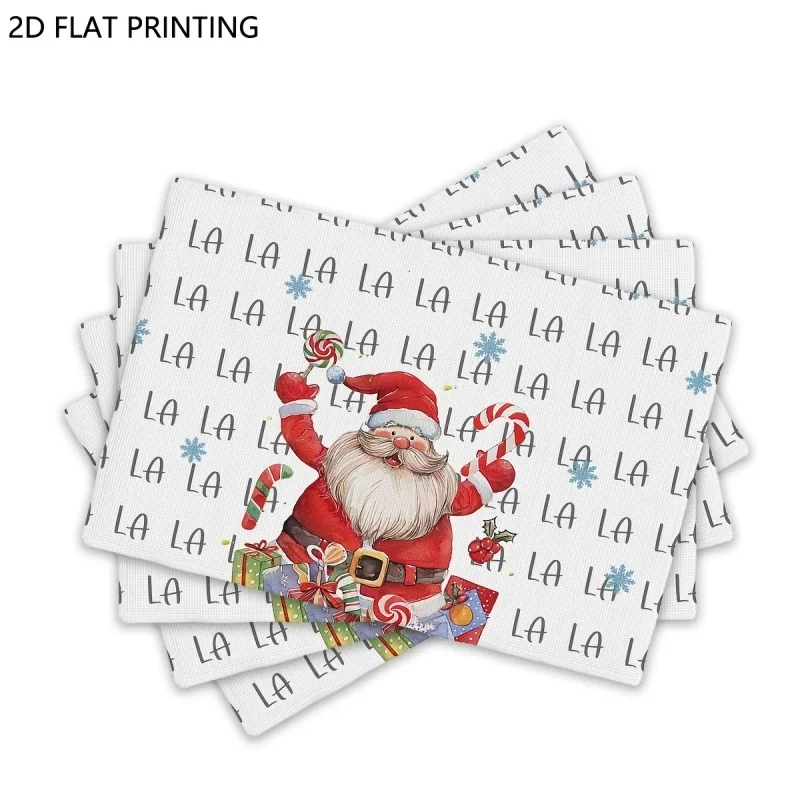 Blue Stripe Border Christmas Tree Print Linen Placemats, Vintage Pocket Watch Gift Box Star Pattern Table Mats for Xmas