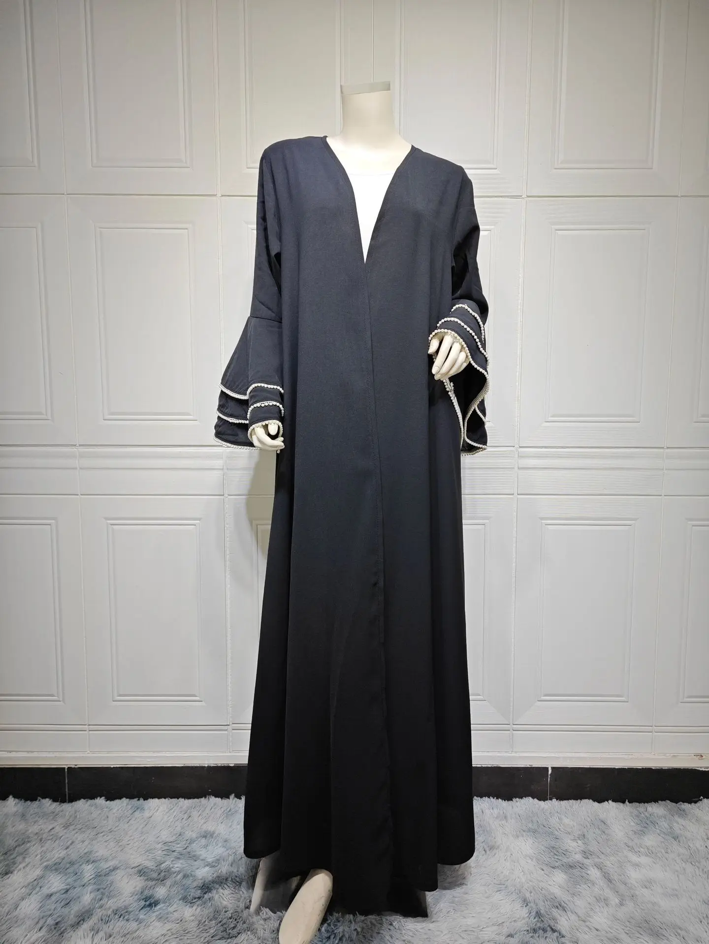 

Ramadan Muslim Dubai Saudi Arabia Summer New Modest Cardigan Black Long Skirt Sleeve Splicing Bead Fashion Coat Robe