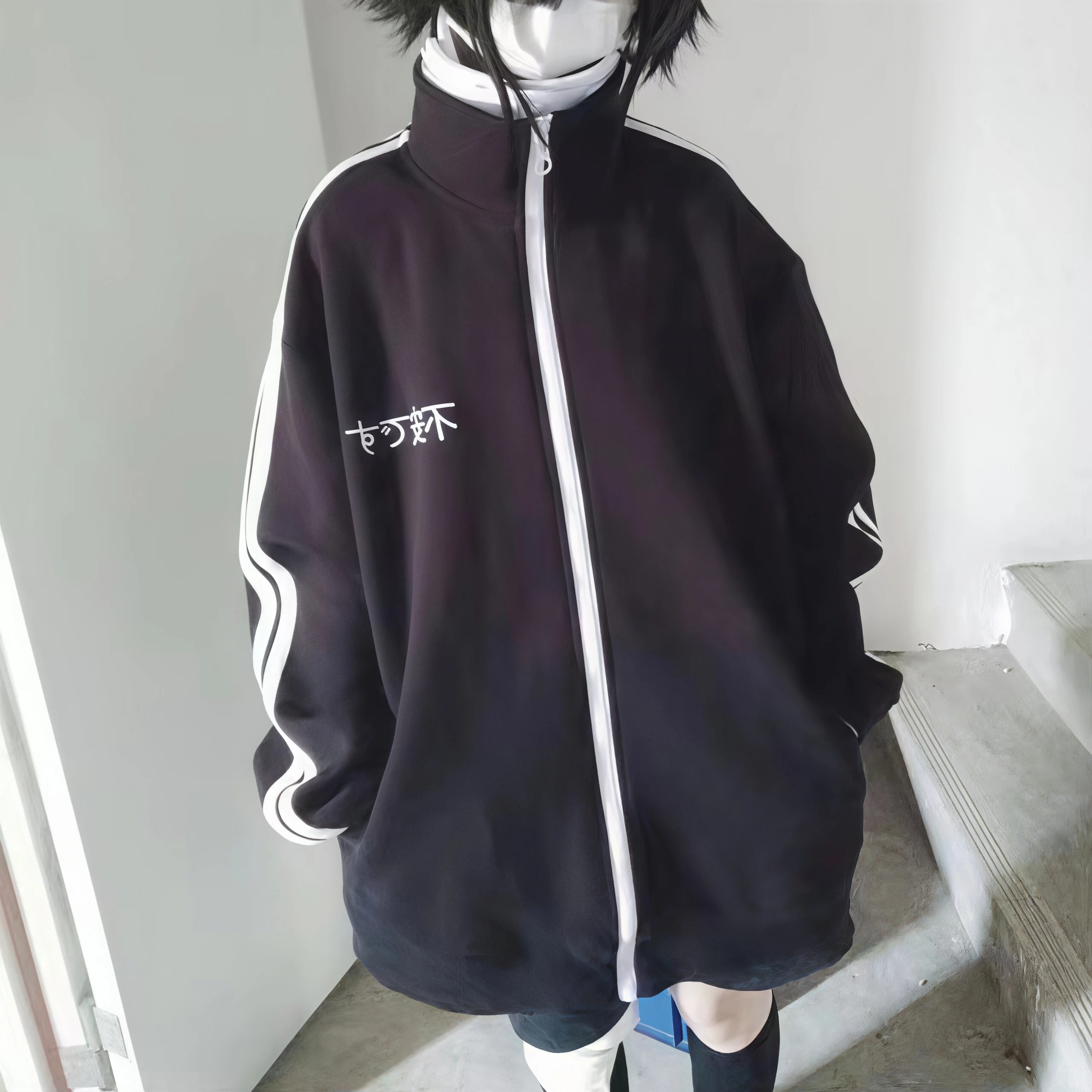 Women Harajuku Japanese Print Zip Up Jacket Stand Collar Striped Sleeve Loose Casual Sports Track Coat