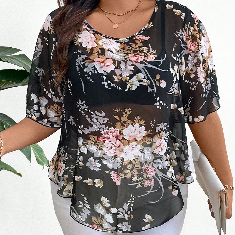 سترة شيفون بأكمام قصيرة ، غطاء مطبوع للحوم ، غاز أجنبي جديد ، مقاس كبير ، الصيف