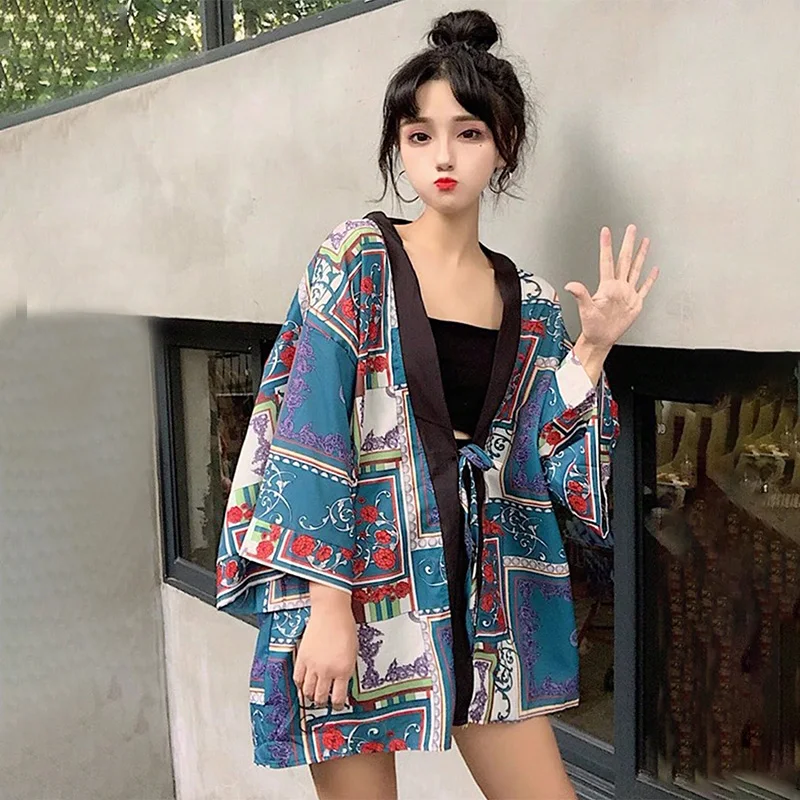 Chinese-Style Retro Niche Design Floral Print Kimono Cardigan Summer Beach Vacation One-Piece Bathrobe Cover-Up Sun Protection Shirt Thin Jacket