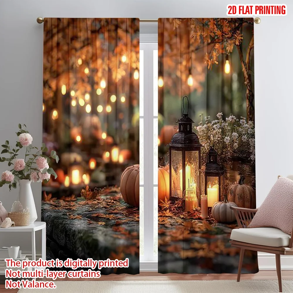 

2D flat printing 2pcs Party Curtains Halloween Pumpkins and Lanterns Digital Printed Polyester Drapes Seasonal Party & Holiday