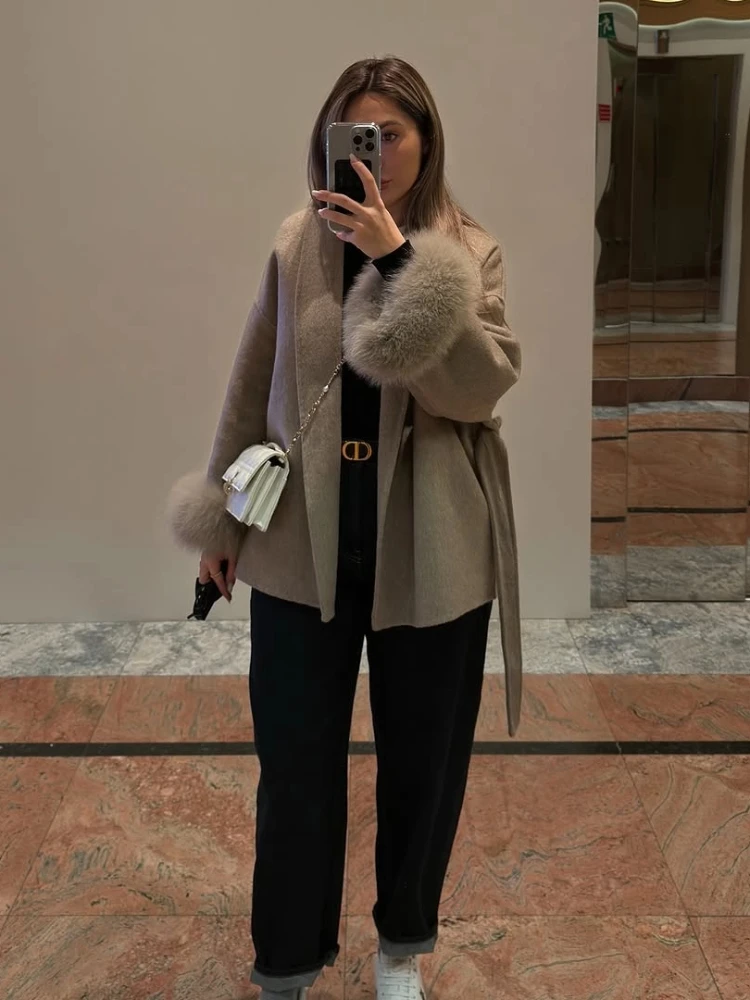 Dámské vintage kabáty s dlouhým rukávem a opaskem z tvídu, otevřené kabáty, 2025, dámské podzimní ležérní bundy pro ženy, klopy, plyšové kabáty z umělé kožešiny - náhled 2