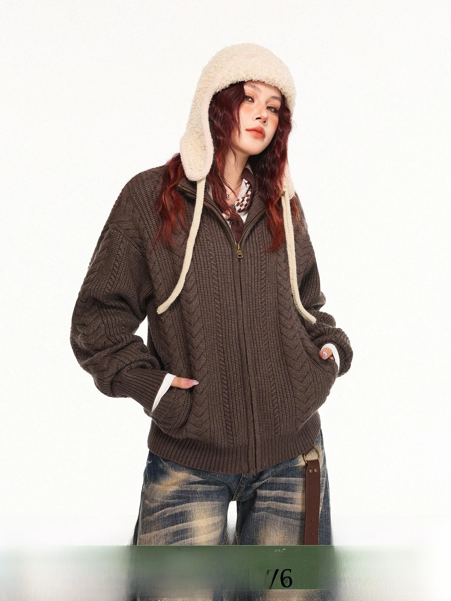 

Женский винтажный кардиган-свитер Damon Island 2026 Spring с молнией, вязаный свитер Aosphere, американский стиль, узор «косы»