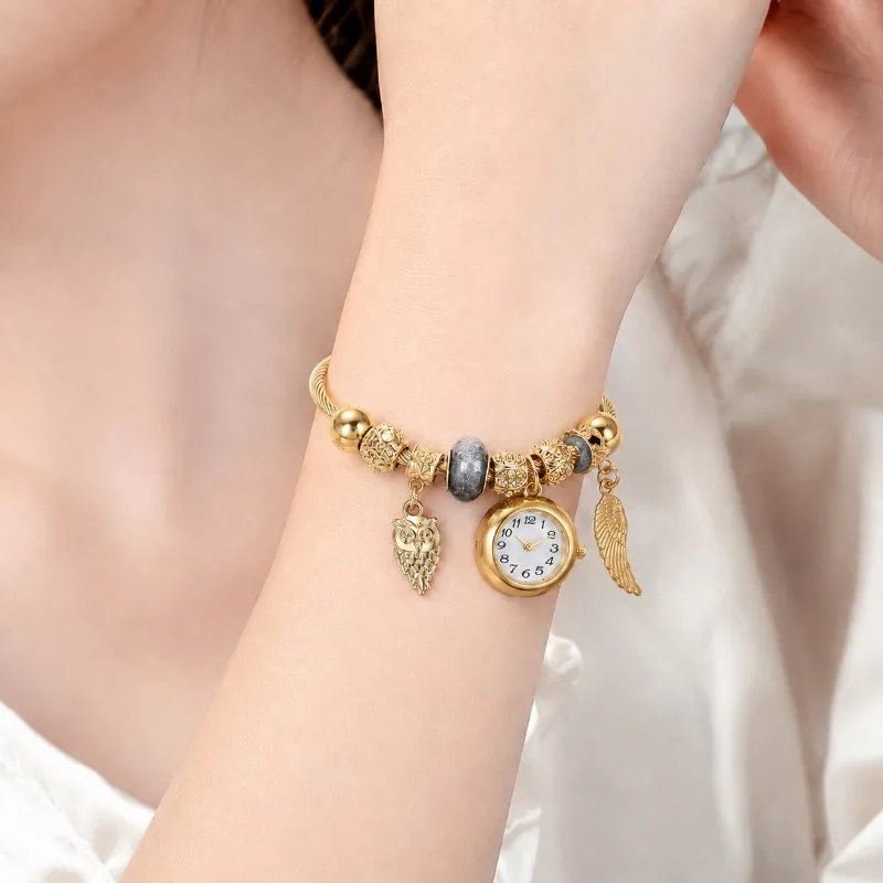 Golden Charm Women's Bracelet Watch Stainless Steel Bangle with Owl & Wing Charms & Beads Vintage Quartz Ladies Wristwatch Gift