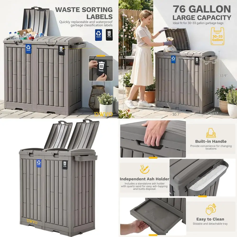

Light Brown 76 Gallon Dual-Compartment Outdoor Trash Bin with Lid, Sorting Labels, Ash Holder, Stakes, and Suction Cups for Back