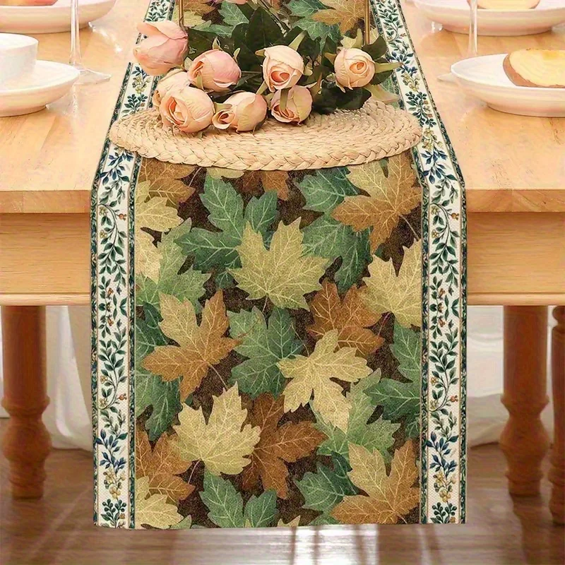 1Pc Autumn Maple Leaf Printed Table Runner - Vintage Floral Vine Design, Suitable for Restaurants, Homes, Harvest Parties, Pastoral Markets.