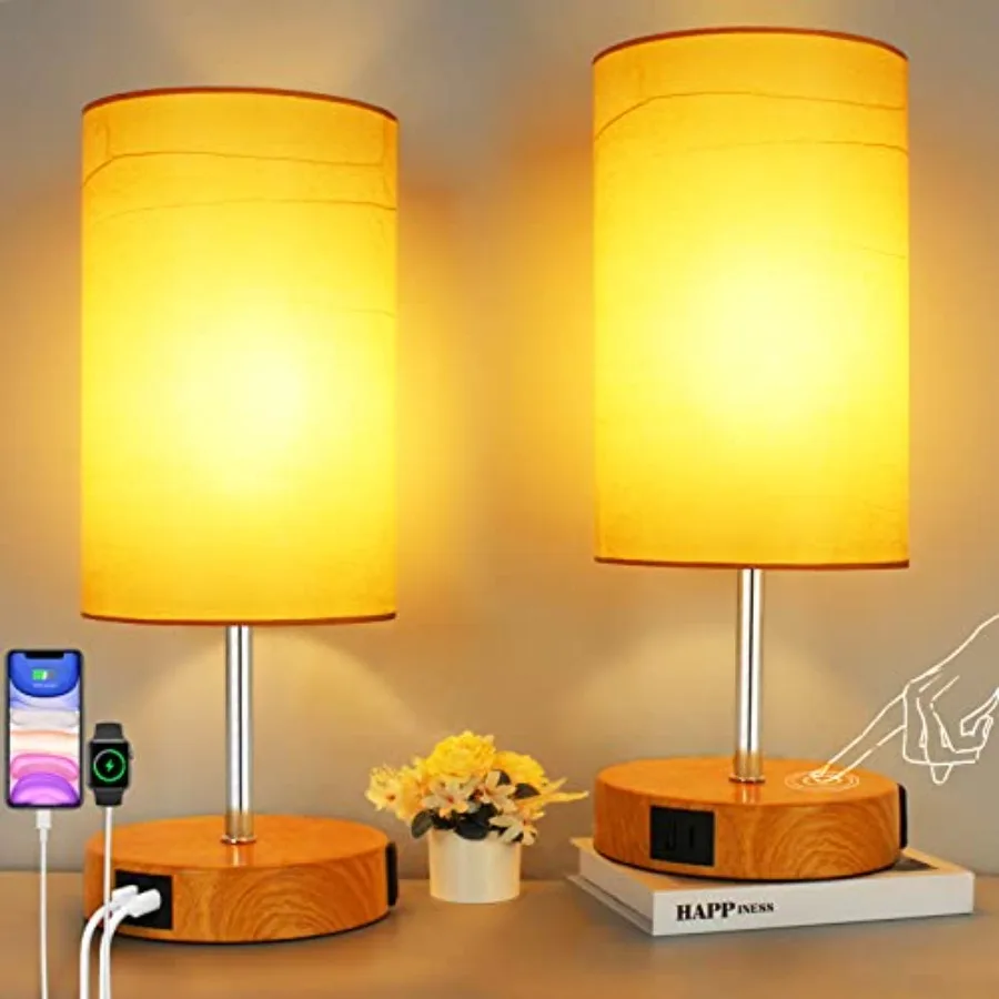 

2-Set 17.75" Touch Bedside Table Lamps with USB Charging Ports and AC Outlet, Farmhouse 3-Way Dimmable LED Nightstand Lights wi