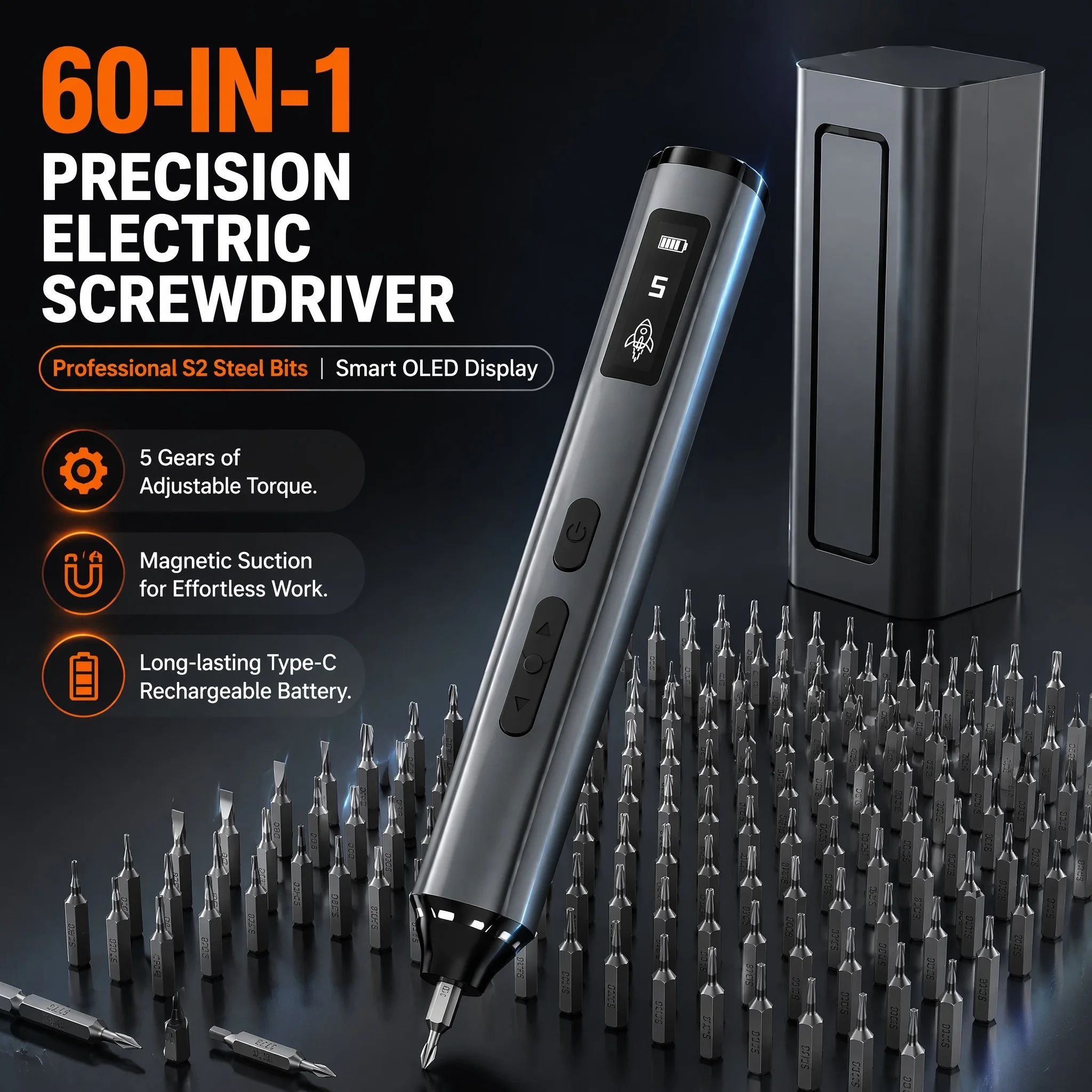 60-in-1 Precision Electric Screwdriver Set 5 Speed Adjustable LED Light Rechargeable Mini Driver Kit S2 Steel Bits Repair Tool