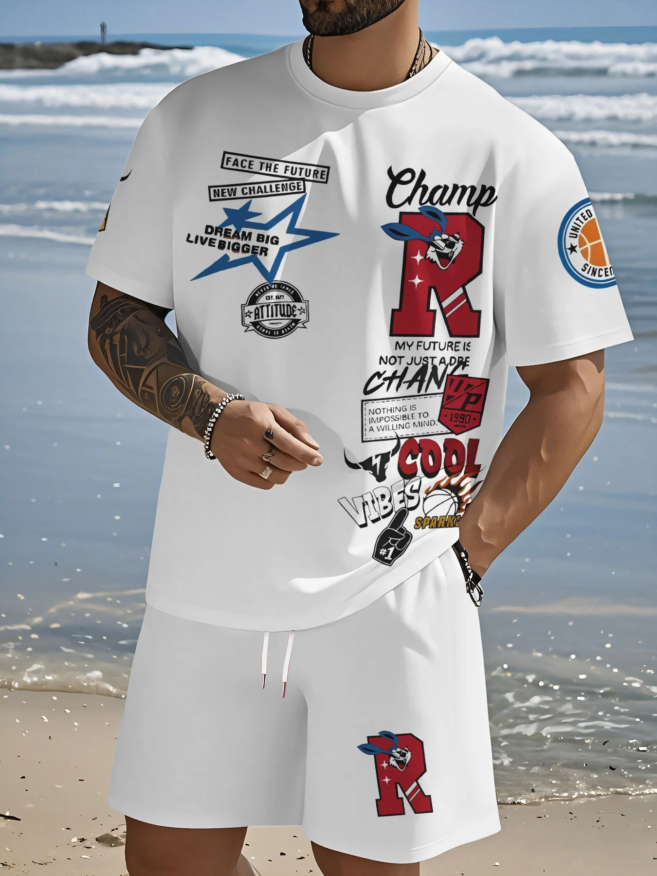 

Hot selling new summer men's R-letter printed breathable round neck T-shirt shorts set outdoor urban trendy clothing