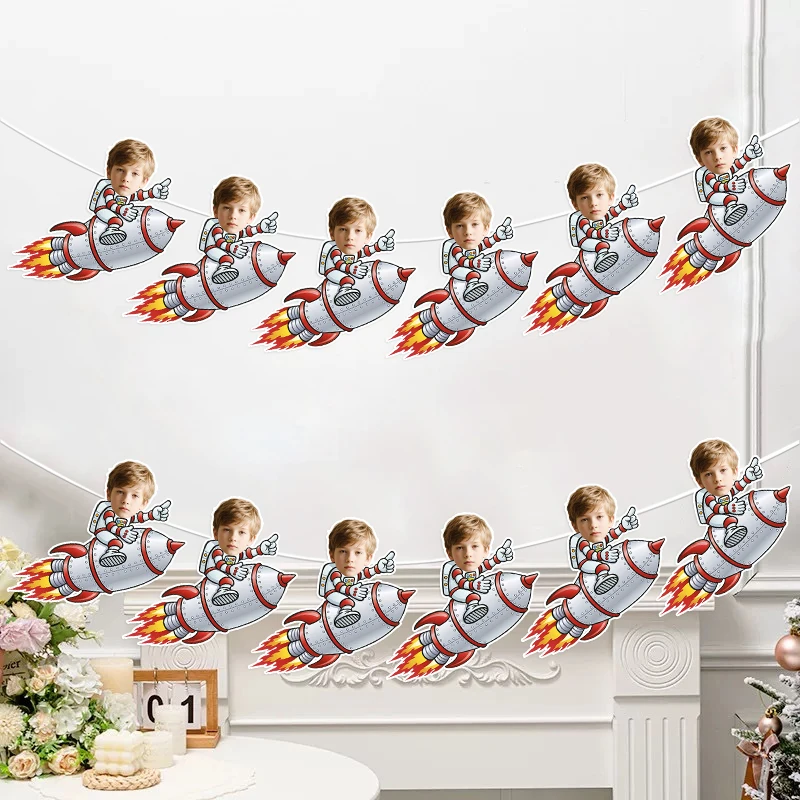6/12Pcs Custom Photo Astronaut Rocket Shape Bunting Garland, Personalized Face Portrait Banner, DIY Customized Hanging Pendant f