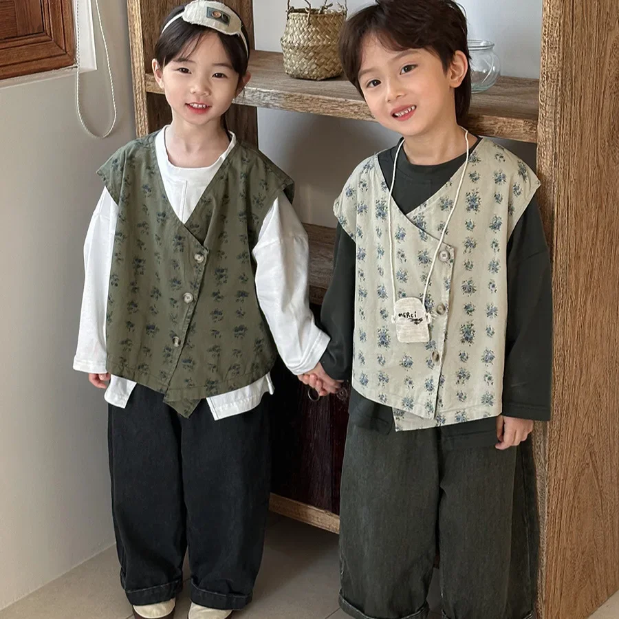 Broken Flower Vest 2025 Spring New Korean Fashion Broken Flower Casual Vintage Vest Kids Clothes Boys and Girls