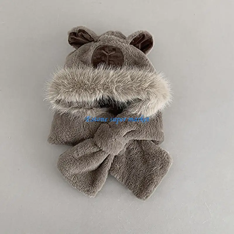 090B Cartoon Capybara Scarf Hat for 1-5Y Children Kids Windproof Warm Bonnet Scarf