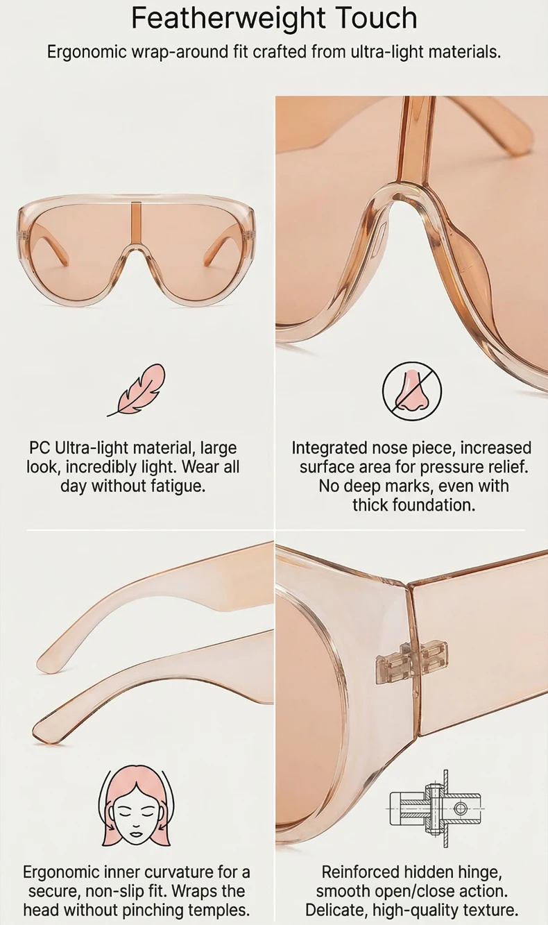 Übergroße Shield-Sonnenbrille für Damen, Y2K, futuristische einteilige Maskenbrille, transparent, braun, modische Schutzbrille, luxuriöses Design – Detail 7