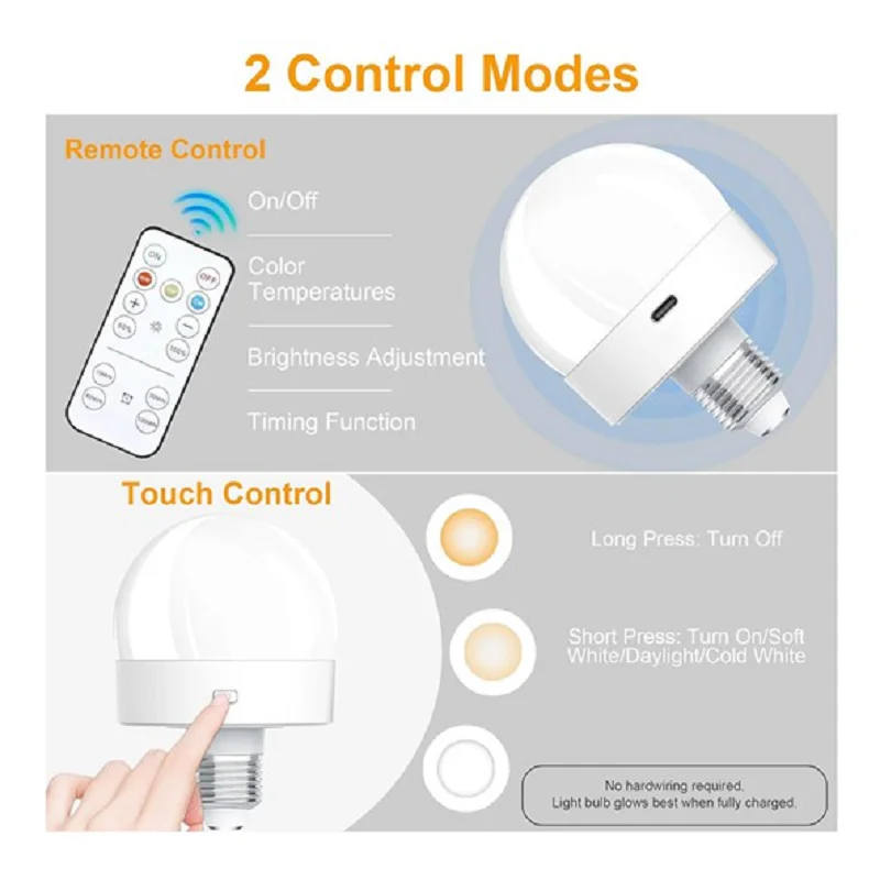 HIHI Rechargeable Battery Operated Light Bulbs, 300LM E26 Screw in Light Bulb for Lamps with Remote Control Dimmable&Timer
