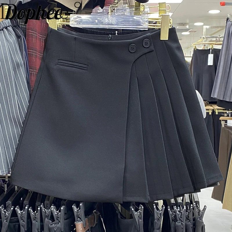 Dophee Korea All-match Suit Pleated Skirt 2025 New Spring Autumn Two Buttons High Waist A-line Short Skirt Women Mini Skirts