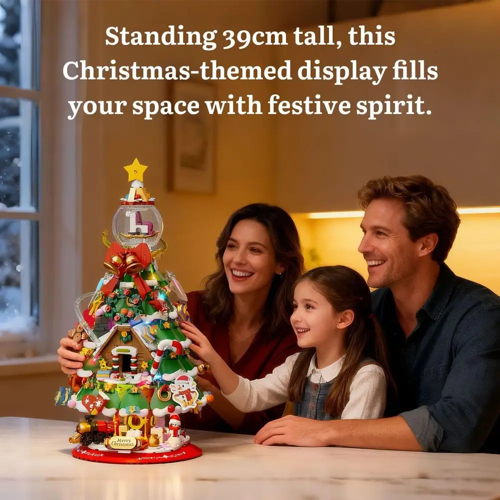 LEDライト付きクリスマスツリーの積み木、ビンテージの電車、雪だるま、ジンジャーブレッドハウス、ミニオーナメント付き - すべてのA向けの祝祭装飾