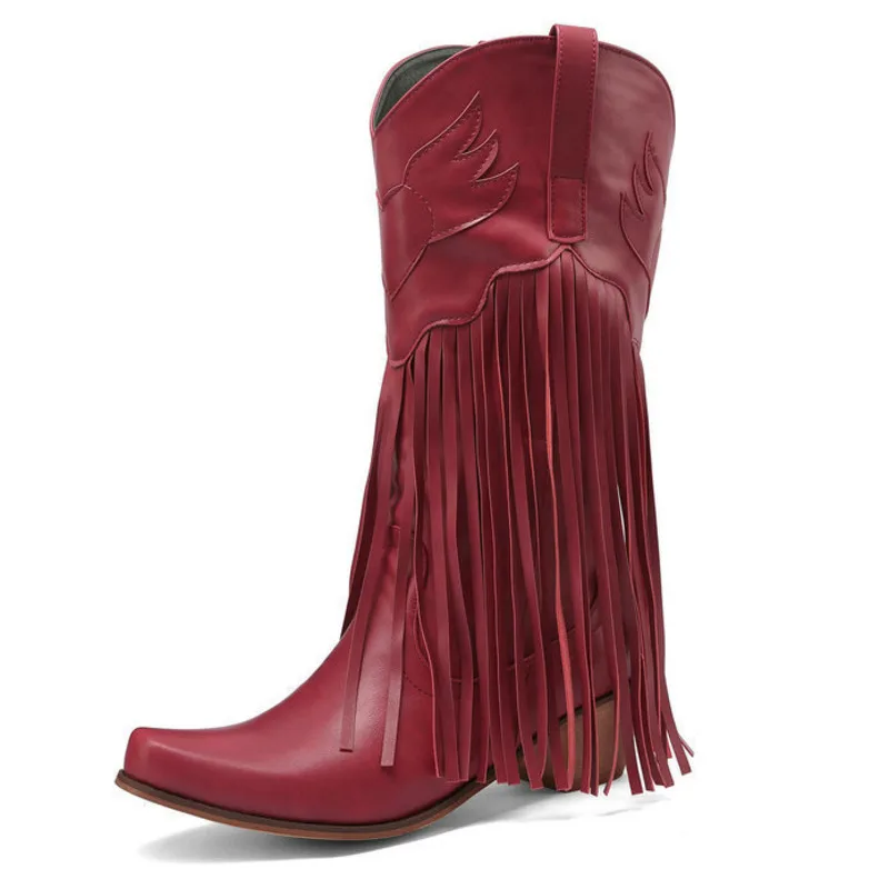 

Red Pu Leather Tassel Western Cowboy Boots Shoes Chunky Heels Pointed Toe Fashion Slip-on Boots Female