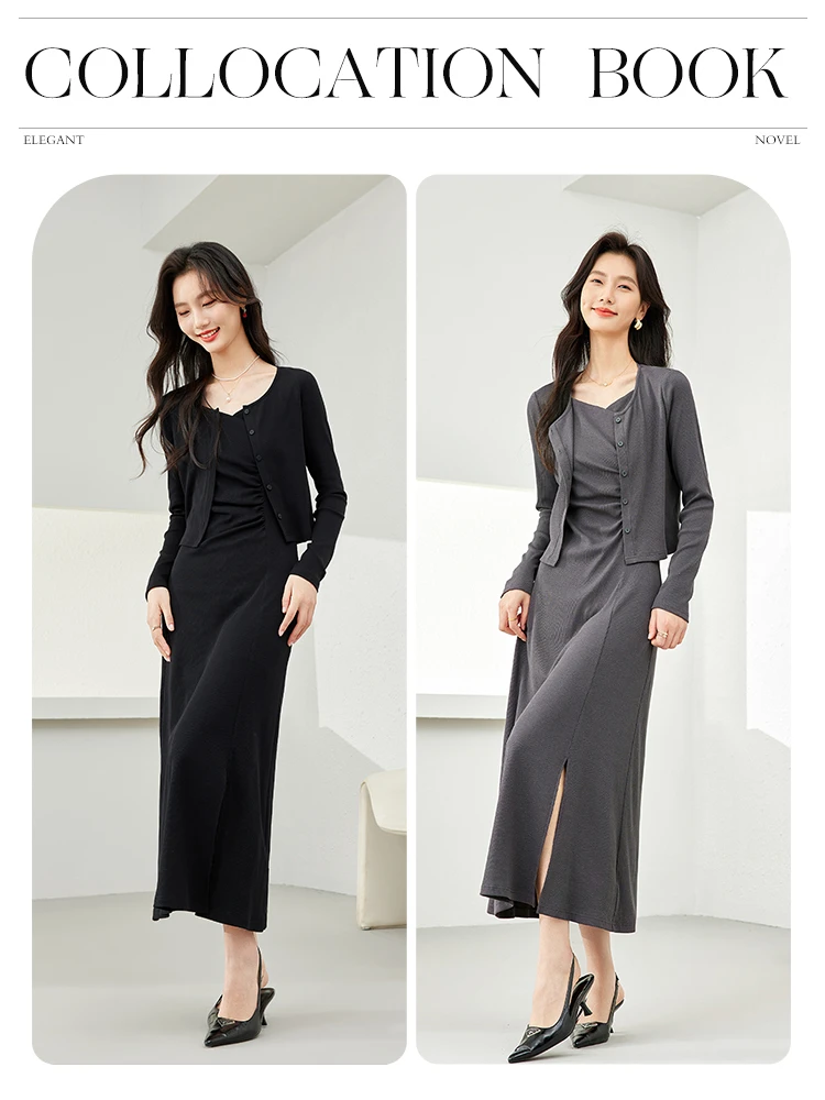 Vimly Dark Grey Folds Strap Dress Set O-neck Top Split Maxi Dresses 2024 Spring French Style Elegant New in Matching Sets M5925