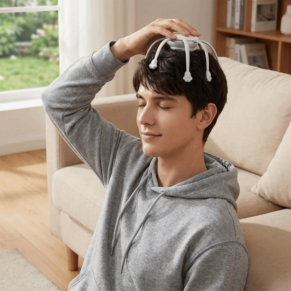 Button Control Octopus Head Massager Vibration Device Cordless Head Scalp Massager 360 Degree 8 Finger Tips for 5V/500mAh