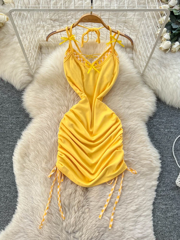 

Сексуальная летняя желтая плиссированная юбка с запахом Dr, женская юбка с высокой талией и бантом на бретельках, утягивающая юбка Ci Commute